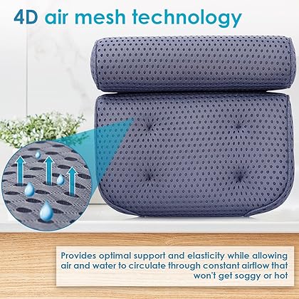 Bath Pillow for Tub Ergonomic Non-Slip Bathtub Pillow with Upgraded 4D Air Mesh Technology and 6 Non-Slip Strong Suction Cup, Relaxing Spa Bath Pillow Headrest Blue