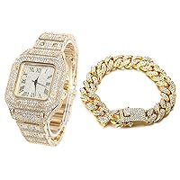Halukakah Men's Diamond Watch ● King ● 18K Gold/Platinum Plated, Rhinestone Bracelet Handset Laboratory Diamonds, Choice of Cuban Chain Necklace Bracelet, Gift Box Available