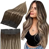 Full Shine Blonde Wire Hair Extensions Human Hair, Wire Hair Extensions Dark Brown Fading to Walnut Brown Mixed Honey Blonde Fish Wire Hair Extensions Human Hair Wire Extensions Healthy