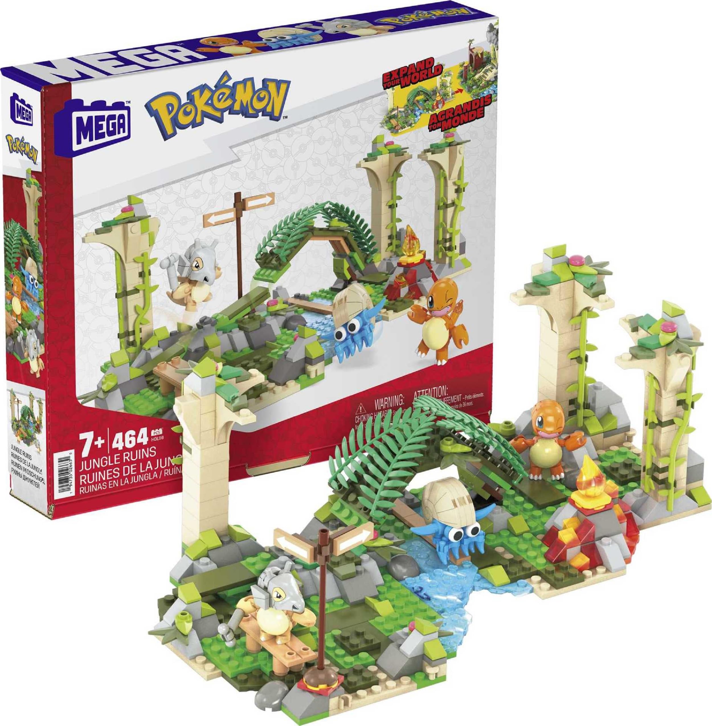 MEGA Pokémon Action Figure Building Toy, Jungle Ruins with 464 Pieces, Motion and 3 Characters, Cubone Charmander Omanyte, Gift Idea for Kids