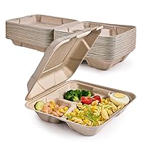 ECOLipak 50 Pack Clamshell To Go Containers, 100% Compostable Disposable Take Out Food Containers, 8X8 3-Compartment Heavy-Duty To Go Boxes,Eco-Friendly Biodegradable To Go Containers For Food