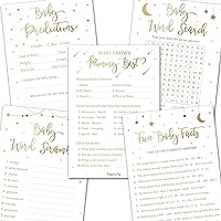 Baby Shower Games or Gender Reveal Games - 5 Activities for 50 Guests - Double Sided - Gold Night Stars