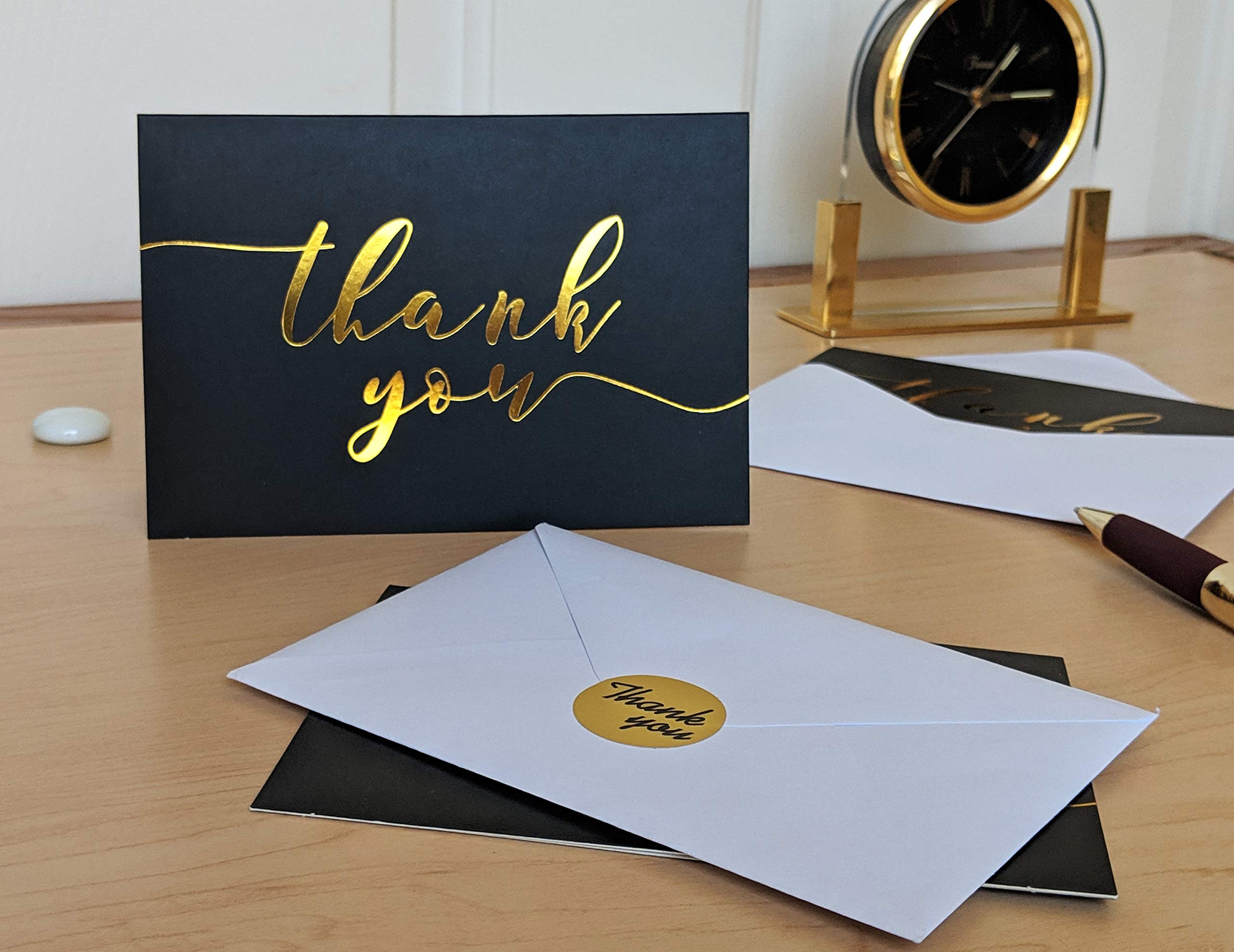100 Thank You Cards in Black with Envelopes and Stickers - Quality Elegant Bulk Notes Embossed with Gold Foil Letters for Weddings, Graduations, Engagements, Business, Formal, Funeral, 4x6