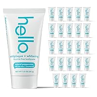 Hello Antiplaque and Whitening Fluoride Free Travel Toothpaste, 1 Ounce (Pack of 24), Natural Peppermint with Tea Tree and Coconut Oil, Vegan, SLS Free, Gluten Free and Peroxide Free