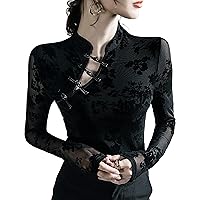 Women's Mesh Tops Fashion Sexy Stand Collar Long Sleeve Hollow Out Floral Print Blouses Elegant Party Dinner Shirts