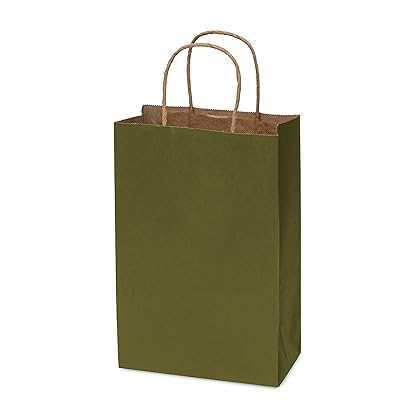 Green Gift Bags – 6X3X9 50 Pack Small Kraft Shopping Bags with Handles, Olive Green Craft Paper Euro Tote Bags for Boutique, Retail, Wedding Guests, Grocery, Birthday, Small Business, Bulk
