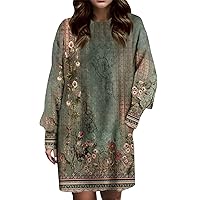 Women's Dresses Fall 2023 Fashionable Ethnic Style Printed Round Neck Loose Fitting Long Sleeved Dress, S-3XL