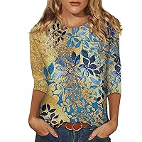 Women's Summer Tops Fashion Casual 3/4 Sleeve Print Stand Collar Pullover Top with Pockets, S-3XL