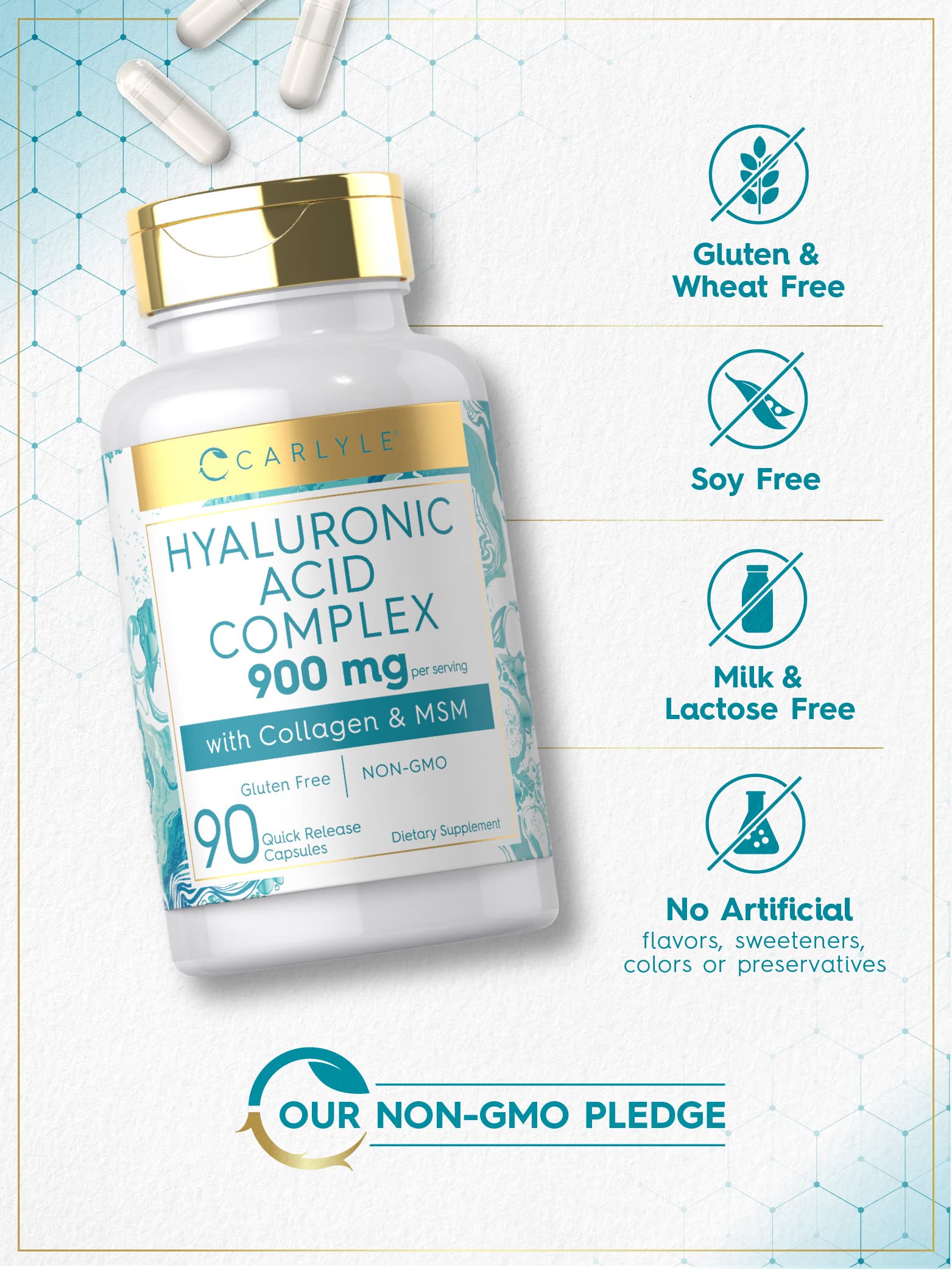 Carlyle Collagen with Hyaluronic Acid 900mg | 90 Capsules | with MSM | Hydrolyzed Collagen Complex | Non-GMO, Gluten Free Supplement