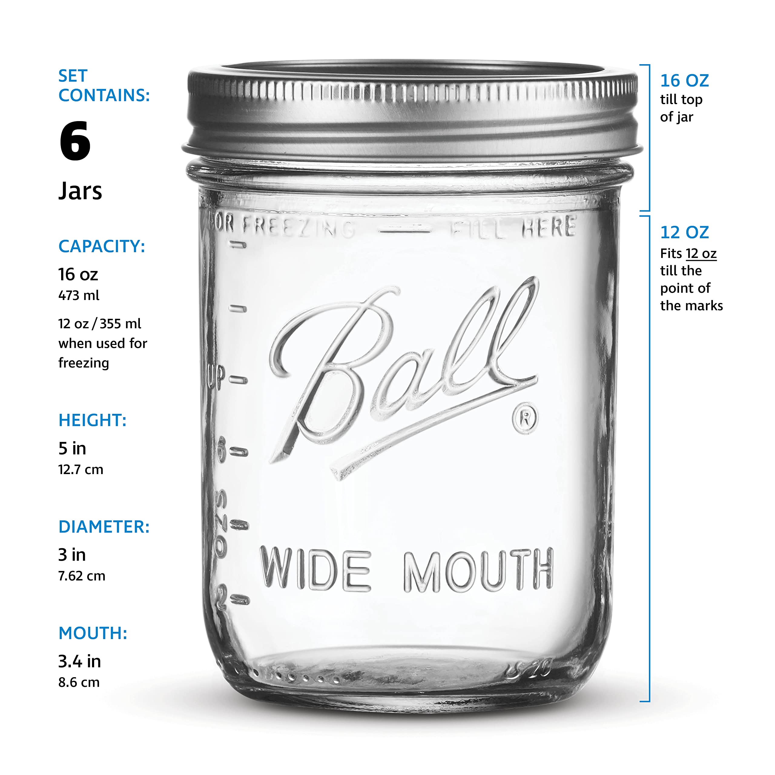SEWANTA Wide Mouth Mason Jars 16 oz [6 Pack] With mason jar lids and Bands, mason jars 16 oz - For Canning, Fermenting, Pickling - Jar Decor - Microwave/Freeze/Dishwasher Safe Jar Opener