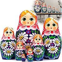 AEVVV Russian Matryoshka Dolls Set of 7 pcs - Russian Dolls in Sarafan Dress with Bouquet of Chamomile Flowers - Handmade Russian Dolls Nesting Dolls