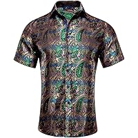 Hi-Tie Silk Paisley Green Dress Shirt for Men Regular Fit Turn Down Collar Short Sleeve Casual Party Hawaiian Shirt(Medium)