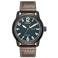 Citizen Men's Eco-Drive Weekender Garrison Field Watch in Black IP Stainless Steel with Brown Leather strap, Navy Dial (Model: BM8478-01L)