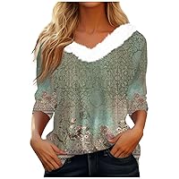 Shirts for Women V Neck Graphic Tops Xmas Long Sleeve Fleece T-Shirt Plus Size Comfy Blouses Casual Daily Clothes