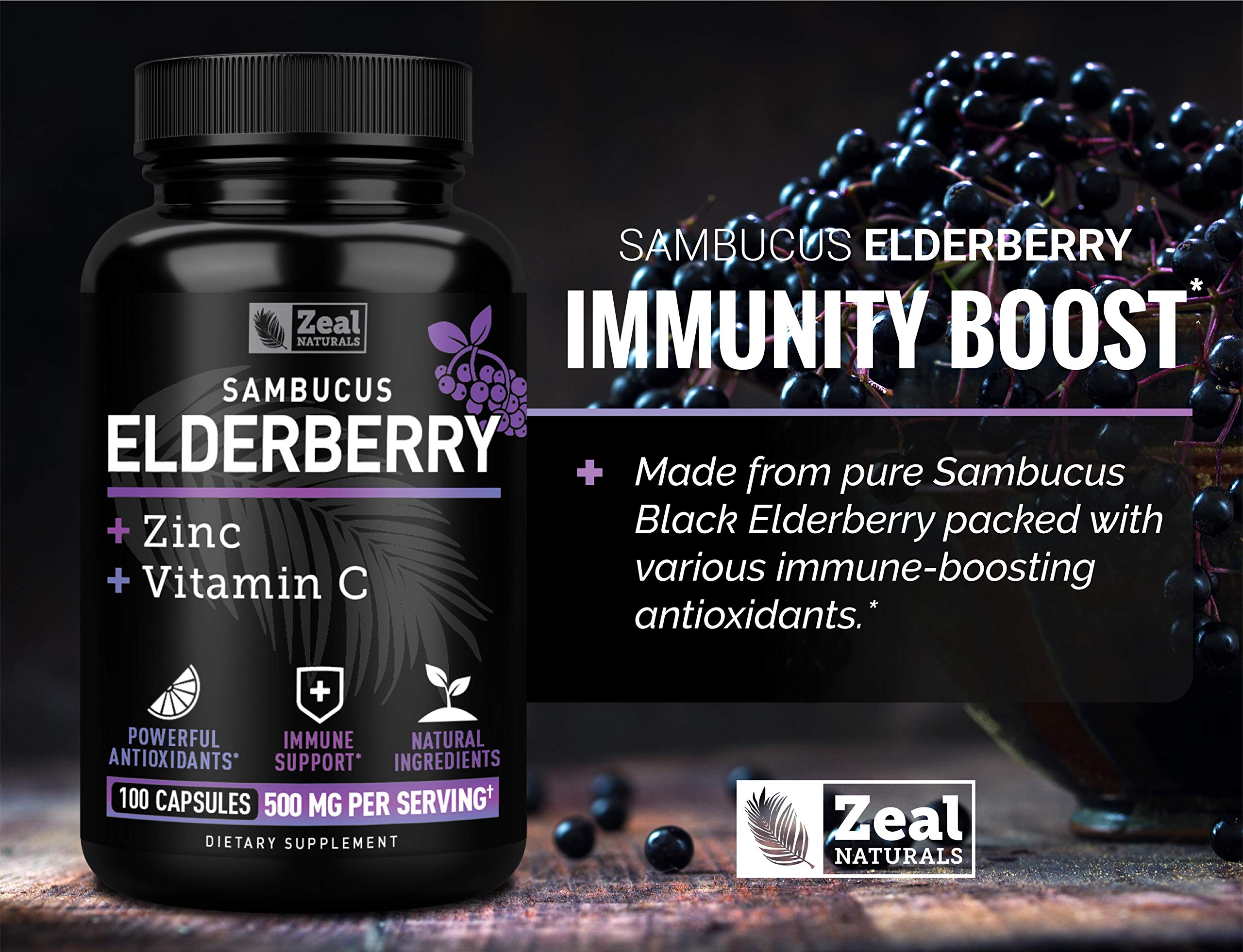 Zeal Naturals Max Strength Elderberry Capsules + Zinc + Vitamin C | 500mg for Immune System Support with Black Sambucus Elderberry | 100 Count | 3-in-1 Immune Support for Adults