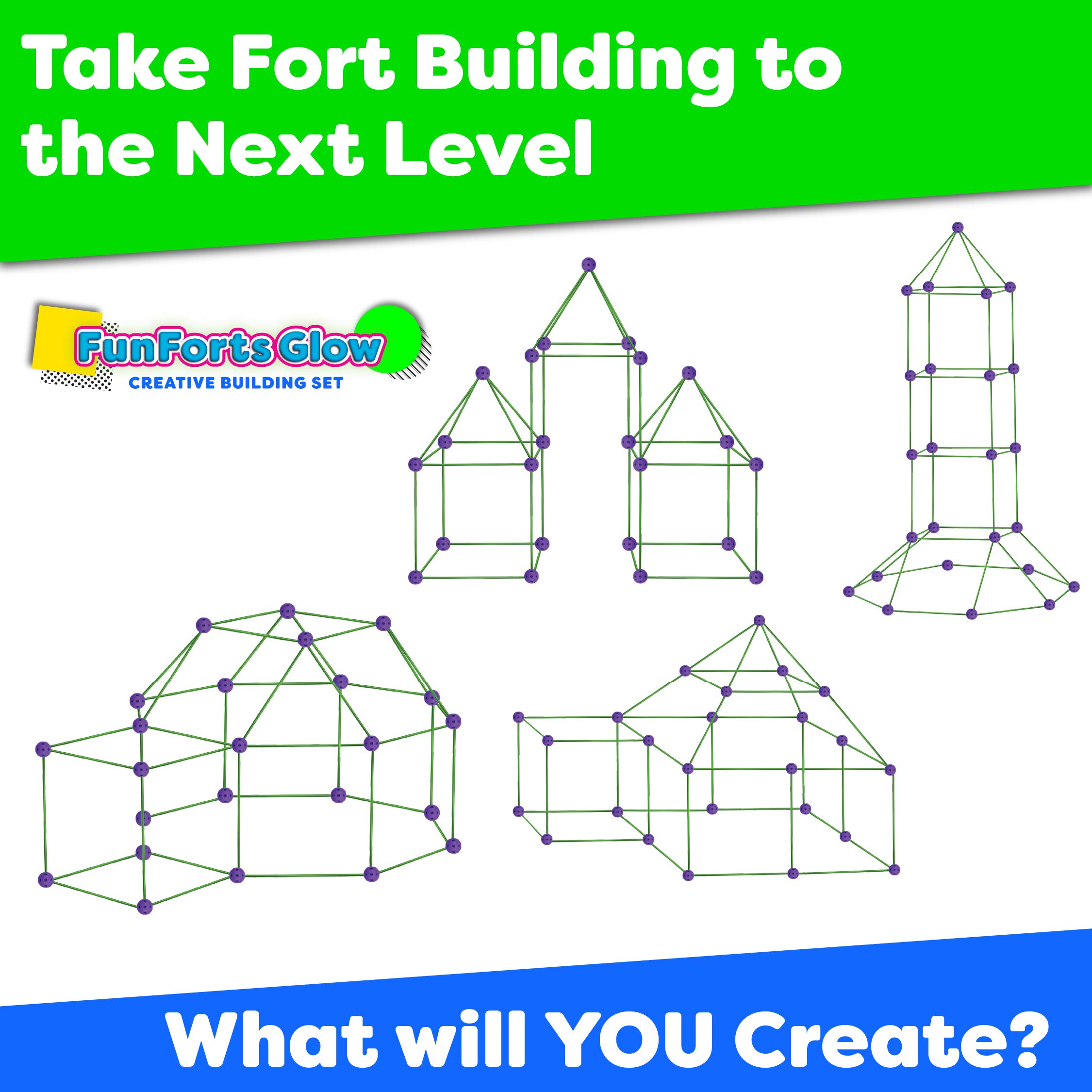 Fun Forts Glow Fort Building Kit for Kids - 81 Pack Glow in The Dark STEM Building Toys Indoor Outdoor Play Tent for Kids Construction Toys with 53 Rods and 28 Spheres