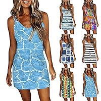 Womens Summer Dresses 2024 Drawstring Waist Casual Dress Fashion Sundress Striped V Neck Home Dress with Front Pockets
