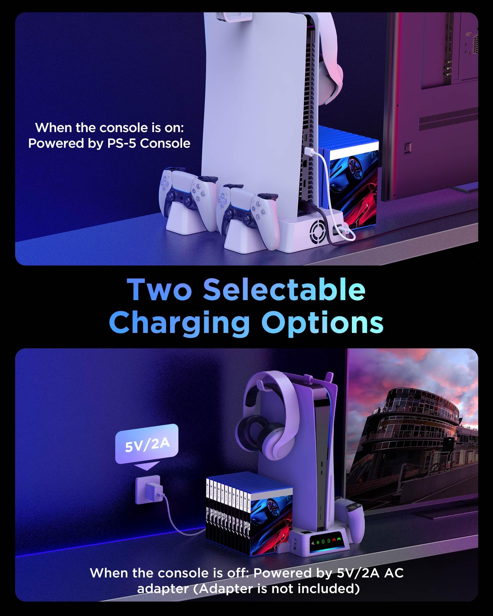 YOGES PS5 Stand and Cooling Station with LED Display, 2H Fast PS5 Controller Charger PS 5 Accessories Cooler Fan with 2 Headset Holder, 3 USB Hub, Media Slot, Screw, A-C Cable