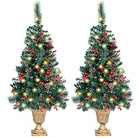 Juegoal 4 FT Christmas Tree, Upgrade Pre-Lit Crestwood Spruce Entrance Tree with 120 LEDs Lights, Pine Cones, Red Berries in Gold Urn Base for Front Door, Porch, Entryway Xmas Home Decorations, 2 Pack