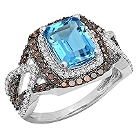 9x7mm Emerald Shape Blue Topaz with Round Red & White Diamond Halo Split Shank Engagement Ring for Her in 925 Sterling Silver