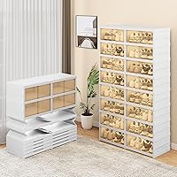 YITAHOME 8 Tiers-32 Pairs Easy Assembly Shoe Rack with Magnetic Doors, Foldable Shoe Storage Boxes for Closet, Collapsible Shoe Cabinet Sneaker Organizer for Entryway, Living Room, Closet (White)