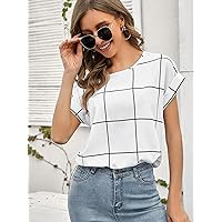 Women's Tops Sexy Tops for Women Women's Shirts Windowpane Plaid Rolled Cuff Blouse (Color : White, Size : Small)