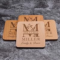 Personalized Monogram Beech Wood Coasters for Drinks - Personalized Wedding Gifts Bridal Shower Gifts - Custom Coasters Set of 4(#3 Name Initial Style)