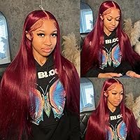 32Inch Burgundy Lace Front Wig Human Hair 180 Density 13X4 HD Human Hair Lace Front Wigs Pre Plucked Brazilian Virgin Straight Human Hair Wigs for Black Women (99J, 32 Inch)