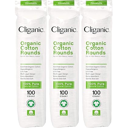 Cliganic Organic Cotton Rounds (300 Count) Makeup Remover Pads, Hypoallergenic, Lint-Free | 100% Pure Cotton