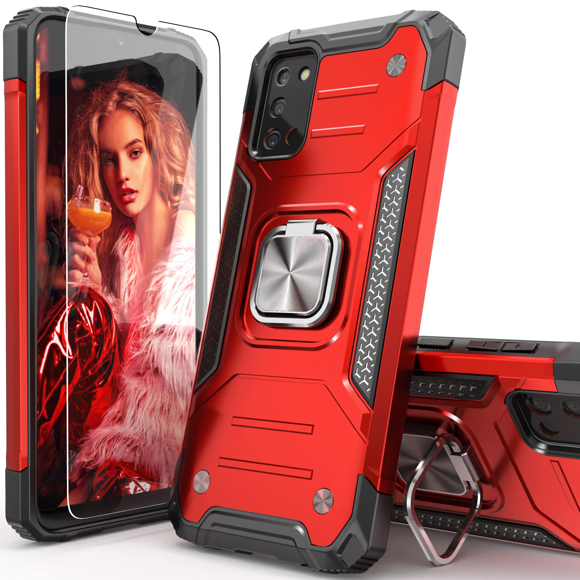 IDYStar Galaxy A02S Case with Screen Protector,Galaxy A02S Case,Shock Absorption Heavy Duty Drop Test Slim Cover with Car Mount Kickstand Lightweight Protective Phone Case for Samsung Galaxy A02S, Red