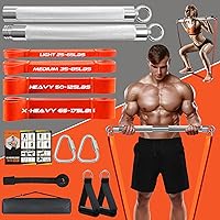 Portable Extra Heavy Home Gym Resistance Band Bar Set with 4 Stackable Resistance Bands,Detachable Full Body Workout Equipment Exercise Bar Kit,500LBS 75cm Longer Bar With Bands,Workout Guide Included