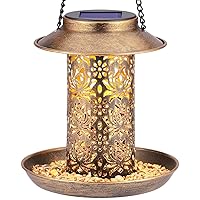 SWEETFULL Solar Bird Feeder for Outdoors Hanging, Metal Wild Bird Feeder for Cardinals Solar Garden Lantern with S Hook as Gift for Bird Lovers (2LBs Heavy Duty birdfeeders)