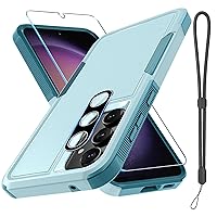 for Samsung Galaxy S23 FE Case [NOT for S23], Full Body Heavy Duty Rugged Shockproof Protective Phone Cover with Wrist Strap Lanyard, Tempered Glass Screen Protector and Camera Lens Cover, Mint Green