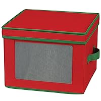 Household Essentials 536RED Holiday China Storage Chest with Lid and Handles | Dinner Plate | Red Canvas with Green Trim