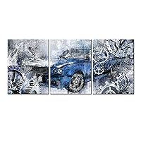 LevvArts 3 Piece Rustic Car Canvas Wall Art Old Car with Mechanical Gear Painting Poster Prints Cool Artwork for Man Cave Boys Bedroom Home Office Decoration (Blue, Small)