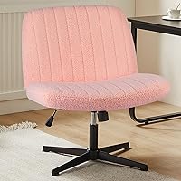 Sweetcrispy Criss Cross Chair Legged, Armless Office Desk Chair No Wheels, Swivel Vanity Chair, Height Adjustable Wide Seat Computer Task Chair, Fabric Vanity Modern Home Chair Pink
