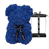 Rose Bear Rose Teddy Bear Flower Gift Black Box for Valentines Day Anniversary Mothers Day Christmas,Birthdays Bridal Showers -Fully Handmade 10 inch Flower Bear Clear Unique Gift Box (Royal Blue)