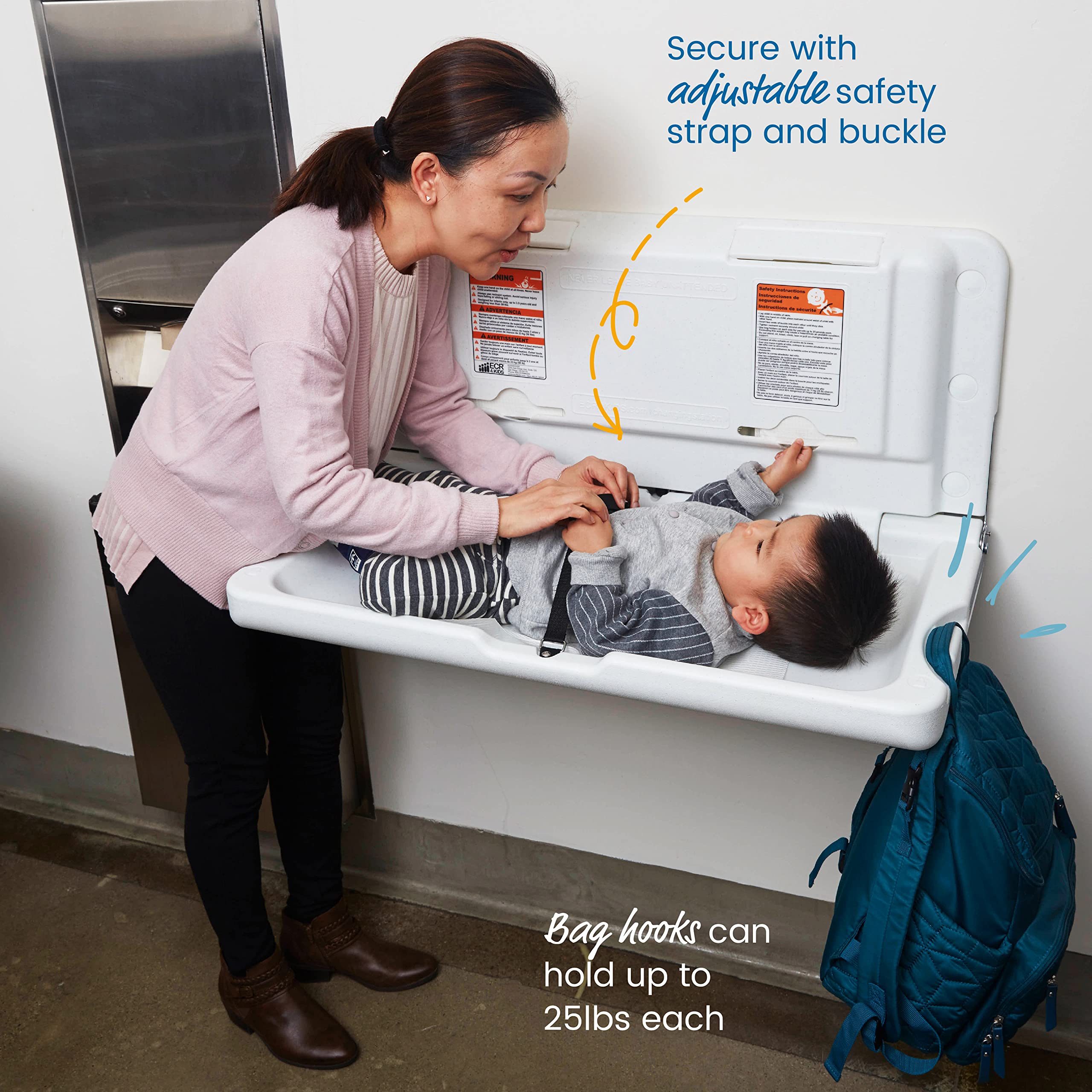 ECR4Kids ELR-18004 Wall-Mounted Baby Changing Station, Horizontal Fold-Down Diaper Change Table with Safety Straps for Commercial Bathrooms, ADA and ANSI Compliant, Free Replacement Straps, White Granite