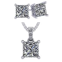 Central Diamond Center Pure Brilliance 4 Prong Princess 2.00cttw Stud Earrings & 1.50ct Solitaire Necklace Jewelry Set (W)