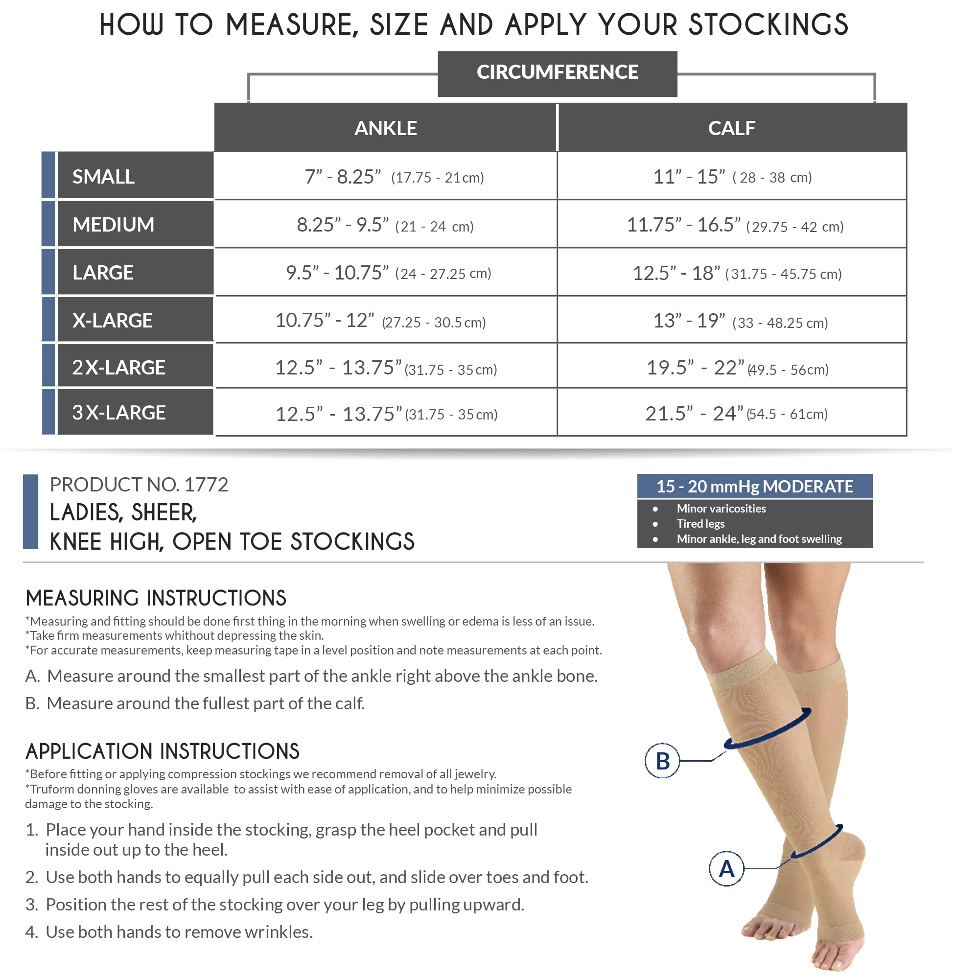 Truform Sheer Compression Stockings, 15-20 mmHg, Women's Knee High Length, Open Toe, 20 Denier, Beige, Large