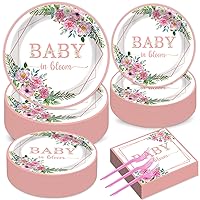 gisgfim 200Pcs Baby in Bloom Baby Shower Decorations Baby In Bloom Floral Paper Plates Napkins Disposable Girl Floral Party Tableware Set Pink Baby in Bloom Dinnerware for Birthday Party 24 Guest