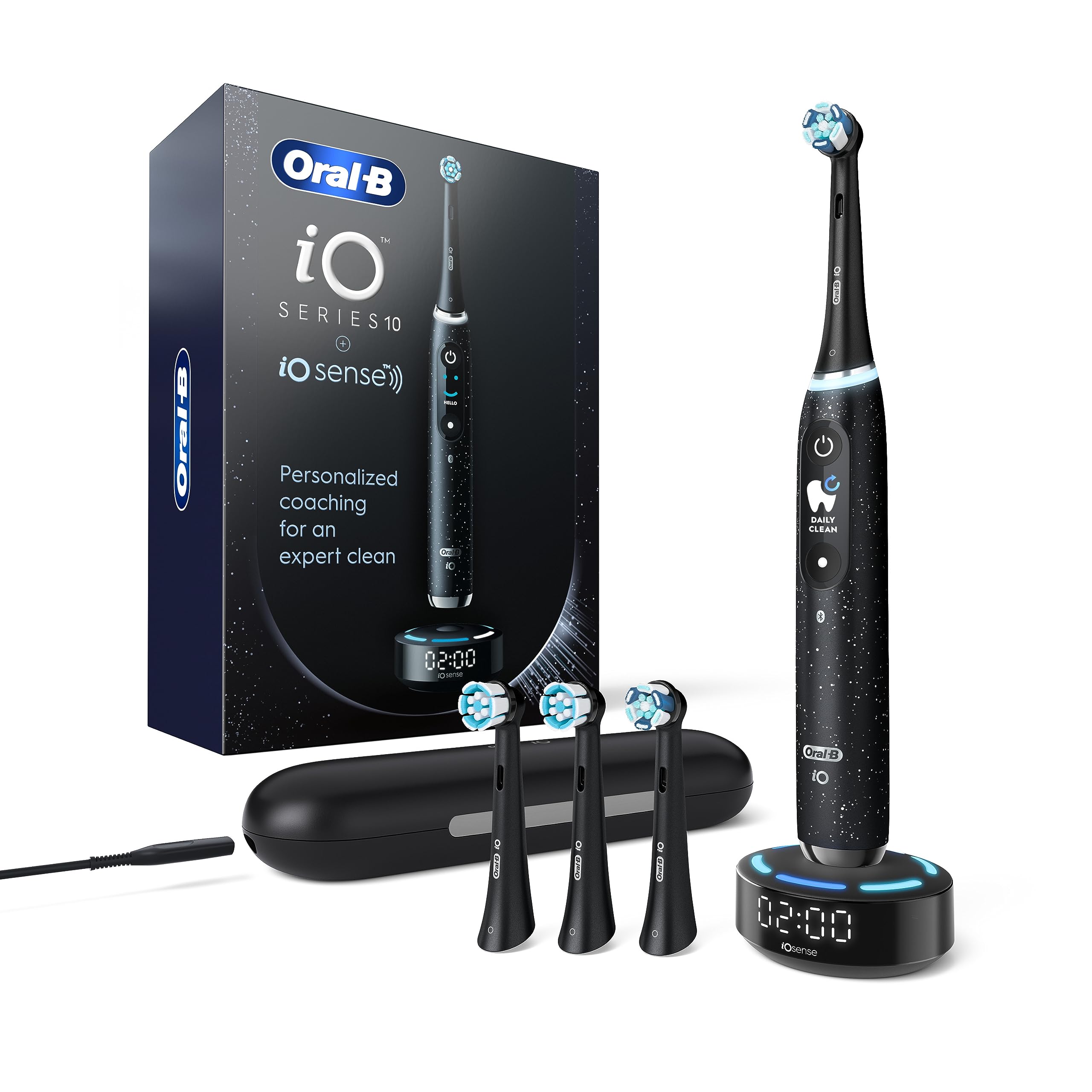 Oral-B iO Series 10 Rechargeable Electric Powered Toothbrush with iO Sense Charger and 4 Replacement Brush Heads, Black