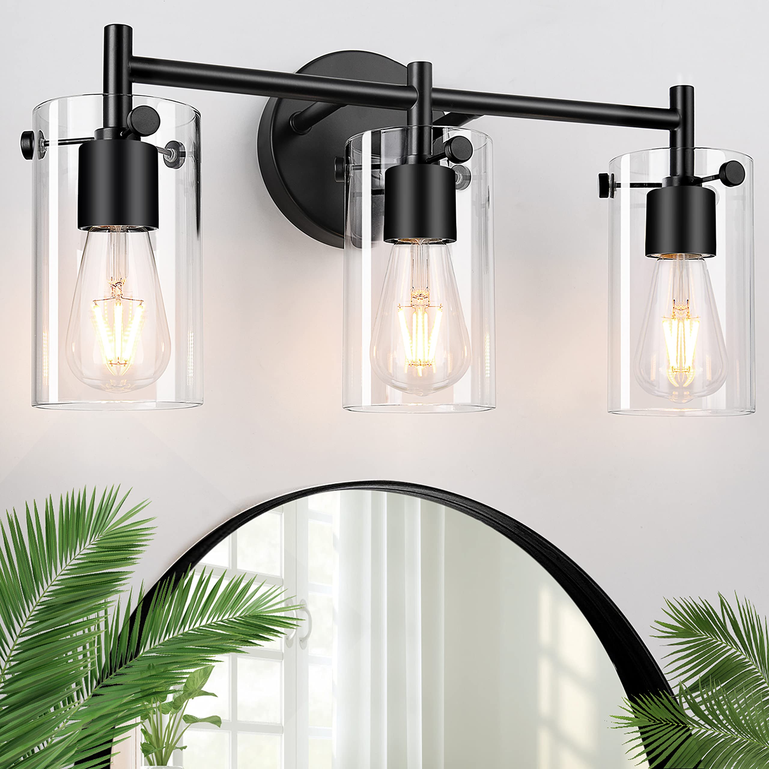 Bathroom Light Fixtures 2023 Upgrade, 3-Light Matte Black Bathroom Vanity Light, Black Bathroom Lights Over Mirror with Clear Glass Shade, Bathroom Wall Sconces for Mirror Bedroom Living Room Hallway