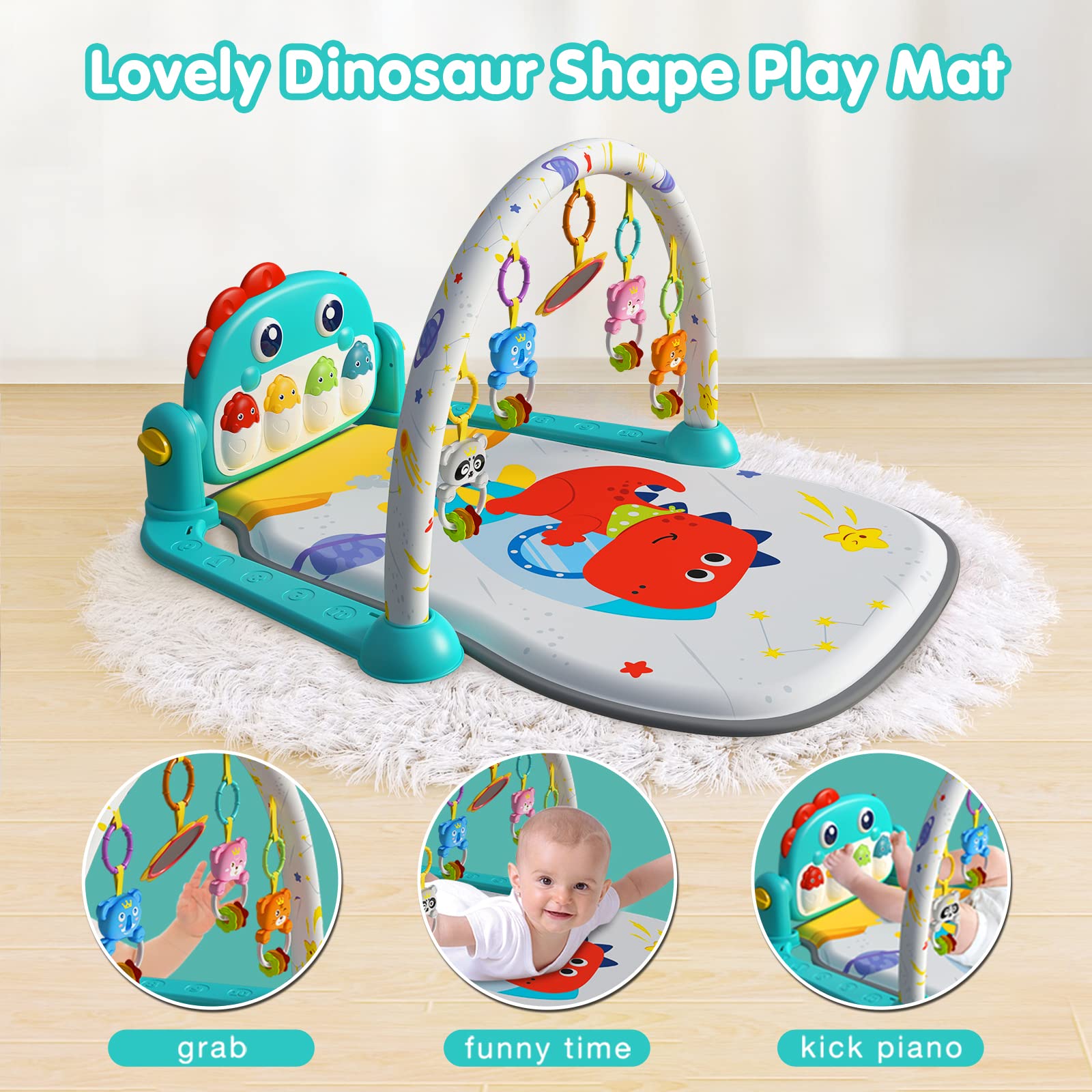 Eners Baby Gyms Play Mats Musical Activity Mat Kick & Play Piano Baby Play Gym Tummy Time Padded Mat for Baby Newborn Toddler Infants (Dinosaur Blue)