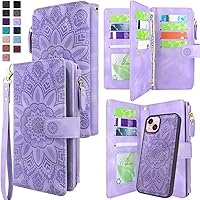 Harryshell Compatible with iPhone 15 / iPhone 14 / iPhone 13 6.1 inch 5G Wallet Case Detachable Removable Phone Cover Zipper Cash Pocket Multi Card Slots Wrist Strap Lanyard (Floral Lavender Purple)