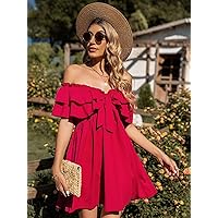 Women's Dress Dresses for Women Off Shoulder Frill Knot Front Tiered Layer Dress (Color : Red, Size : Large)