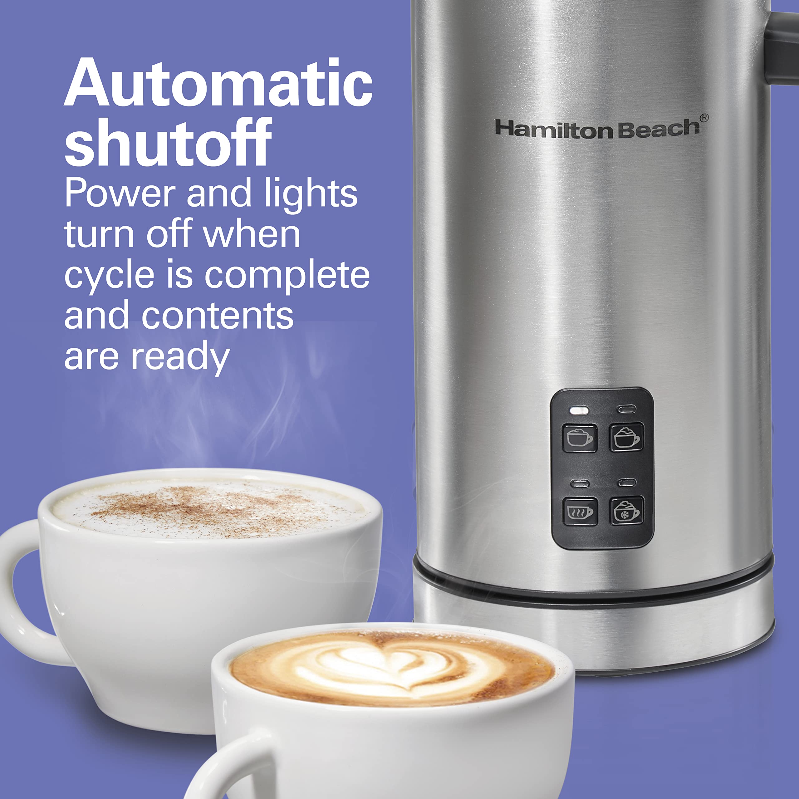 Hamilton Beach Electric Milk Frother & Warmer, Automatic Warm or Cold Foam, 5-10 oz., Create Café-Quality Coffee, Latte, Cappuccino, Frappe, Hot Chocolate, 4 Settings, Stainless Steel (43565C)