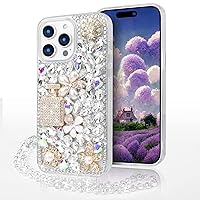 Losin Compatible with iPhone 15 Pro Max Bling Case with Lanyard Strap Luxury 3D Diamond Crystal Rhinestone for Women Girls Glitter Sparkle Case Shiny Gemstone Perfume Bottle and Flower Cover, Clear
