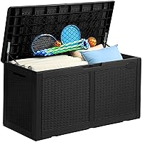 YITAHOME 105 Gallon Large Deck Box with Cushion & Storage Net, Outdoor Resin Storage Boxes for Patio Furniture, Outdoor Cushions, Garden Tools, Water Resistant and Lockable
