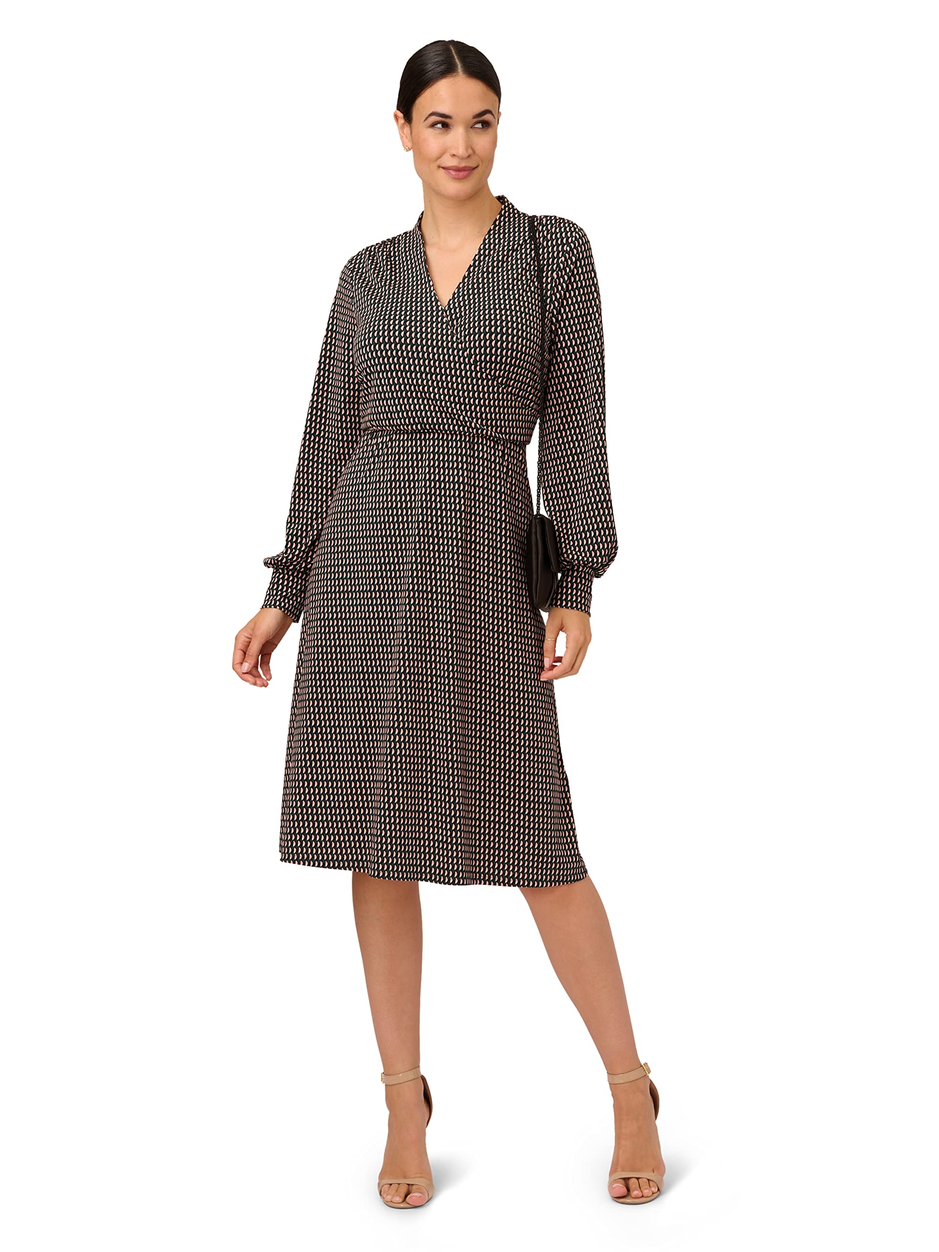 Adrianna Papell Women's Printed Faux Wrap Dress with Long Bishop Sleeves